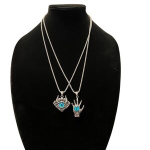 Silver tone Claw and Horus Evil Blue Eye Pendant 24” Necklace Set